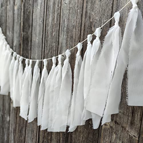 Mybbshower White Chiffon Tassel Garland for Wedding Bridal Shower Birthday Party Backdrop Hanging Decoration Fringe Backdrop Banner