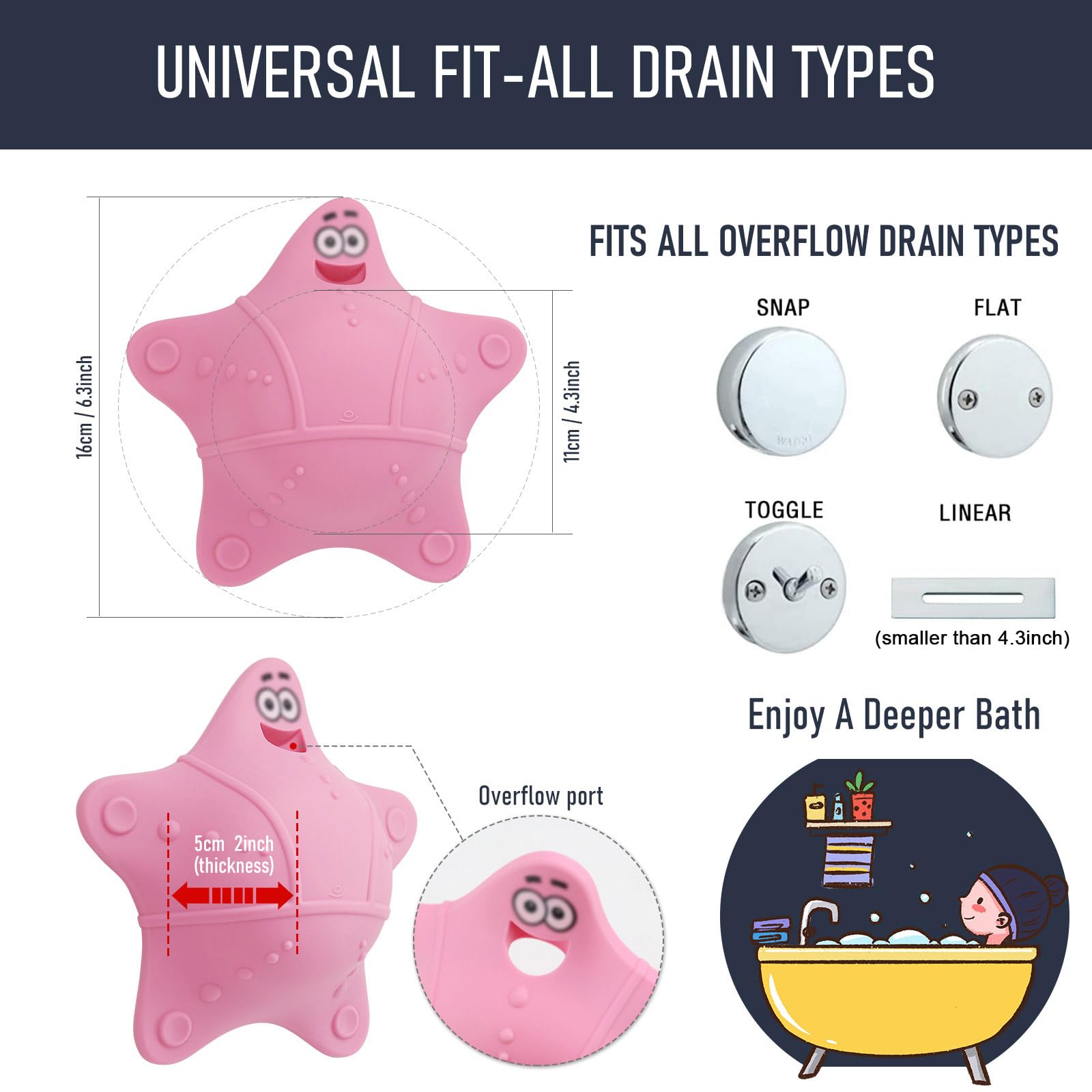 Bathtub Overflow Drain Cover, Bath Accessories, Soak Bath Overflow Drain Cover, Silicone Bath Tub Drain Plug with 5 Suction Cups, Adds Inches of Water for Deeper Bath, Tub Overflow Drain Stopper(Pink)