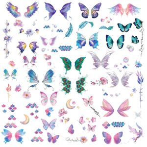 glitter butterfly temporary tattoos stickers for girls, waterproof body stickers fairy wings flowers waterproof fake tattoo decorations for kids women face makeup birthday party favors goodie