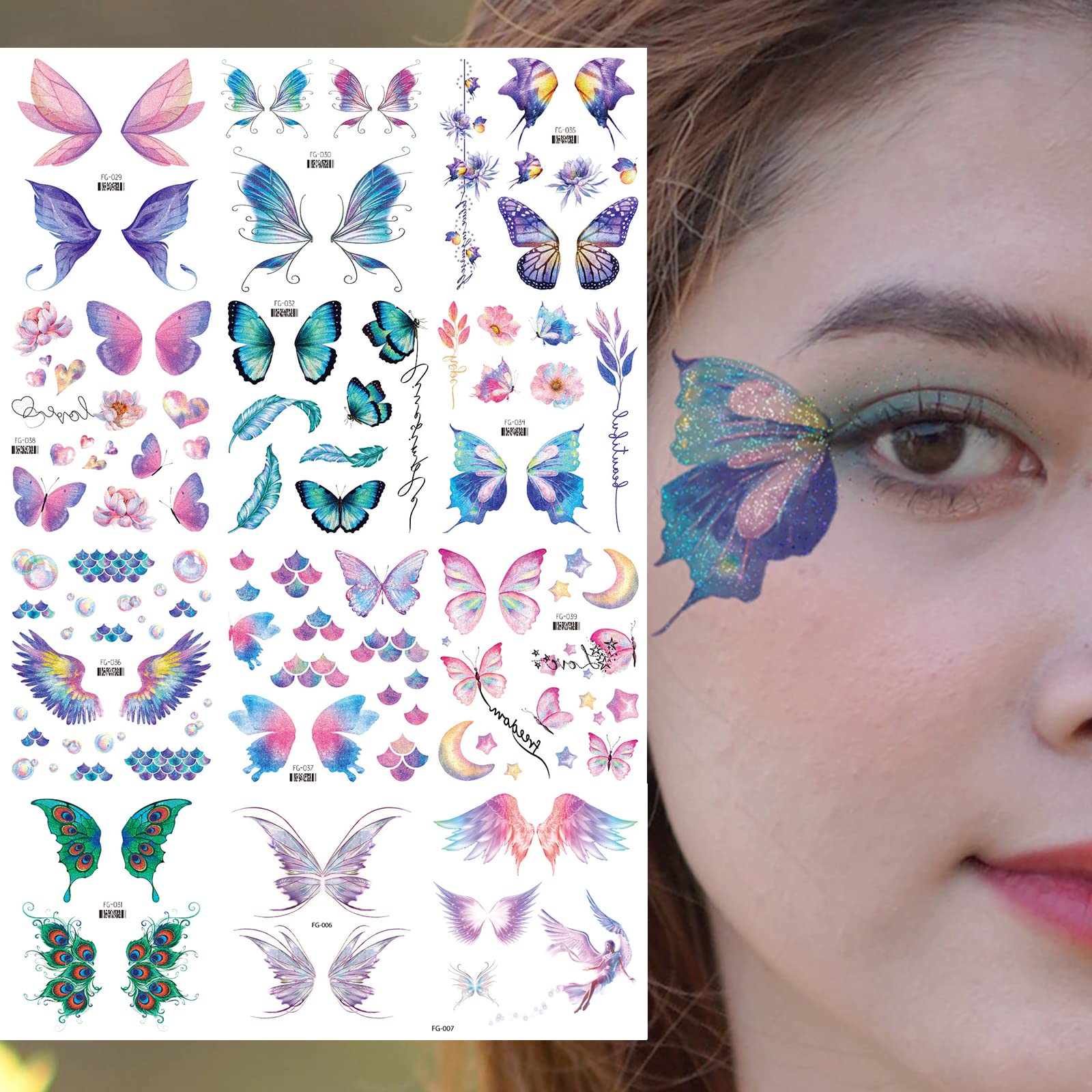 Glitter Butterfly Temporary Tattoos Stickers for Girls, Waterproof Body Stickers Fairy Wings Flowers Waterproof Fake Tattoo Decorations for Kids Women Face Makeup Birthday Party Favors Goodie