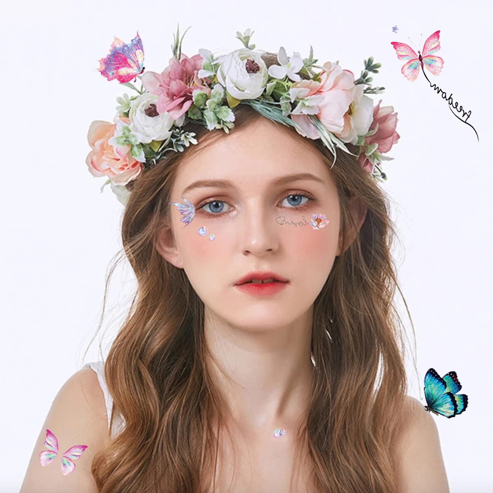 Glitter Butterfly Temporary Tattoos Stickers for Girls, Waterproof Body Stickers Fairy Wings Flowers Waterproof Fake Tattoo Decorations for Kids Women Face Makeup Birthday Party Favors Goodie