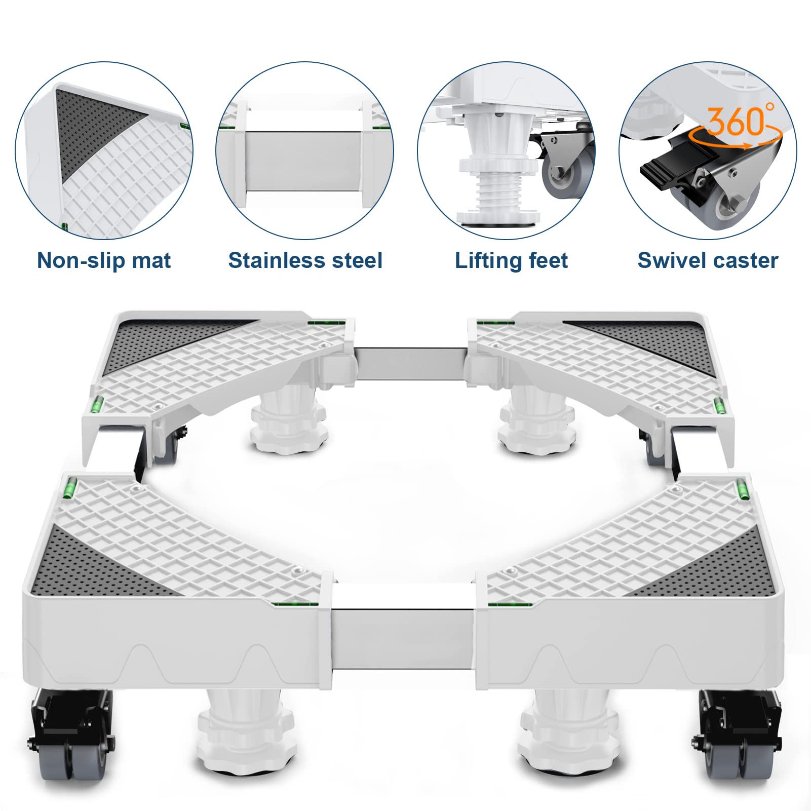 HQO LOVL Fridge Stand Mobile Base With 4 Locking Wheels And 4 Strong Feet, 19.7”-27.5” Adjustable Furniture Dolly for Washer Dryer Washing Machine Stand Pedestal, Refrigerator (KBN-10White)