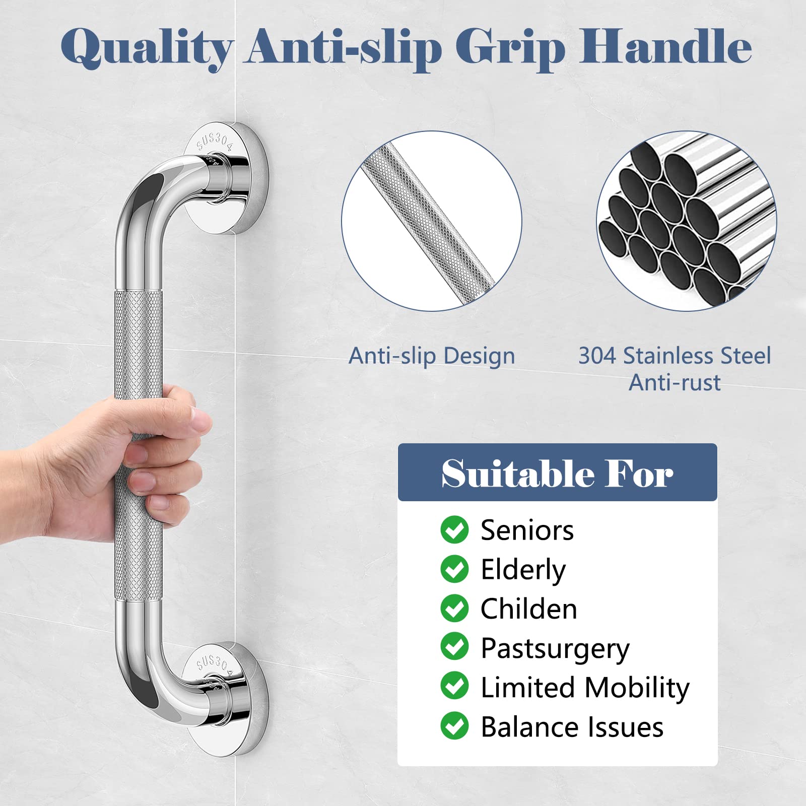 Grab Bars for Bathtubs and Showers, Aolloa 2 Pack 16inch SUS304 Stainless Steel Anti Slip Bath Handle for Elderly Senior Handicap Pregnant Women