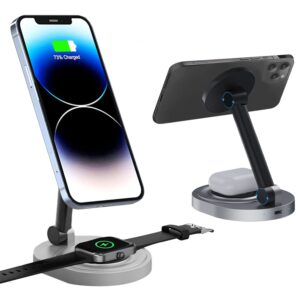 magnetic wireless charger stand for mag-safe charger, foldable 15w fast wireless charging station, 2-in-1 charging stand dock for apple iphone 15/14/13/12/pro/apple watch/airpods 2/ pro