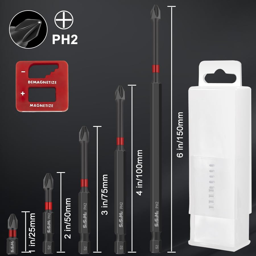 SuSuMu Impact Ready Magnetic Phillips Bits 2 S2 Steel Phillips Head Drill Tip Ph2 1/4 Hex Shank Cross CNC Anti Slip Screwdriver Bits Set with Magnetizer Case for Impact Driver Power Screwdriver