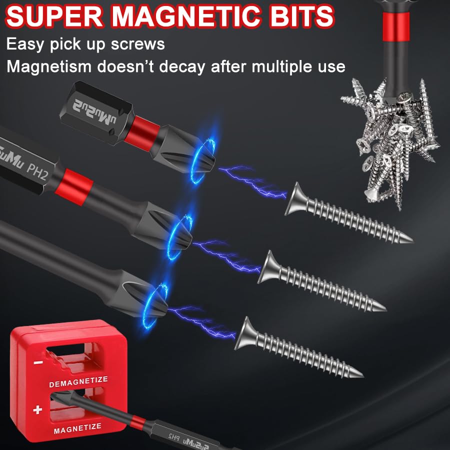 SuSuMu Impact Ready Magnetic Phillips Bits 2 S2 Steel Phillips Head Drill Tip Ph2 1/4 Hex Shank Cross CNC Anti Slip Screwdriver Bits Set with Magnetizer Case for Impact Driver Power Screwdriver