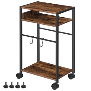 mahancris printer stand with adjustable storage shelf, 3-tier computer tower stand with 2 hooks, rolling printer cart for home office small spaces, cpu stand with wheels, rustic brown pthr6001z