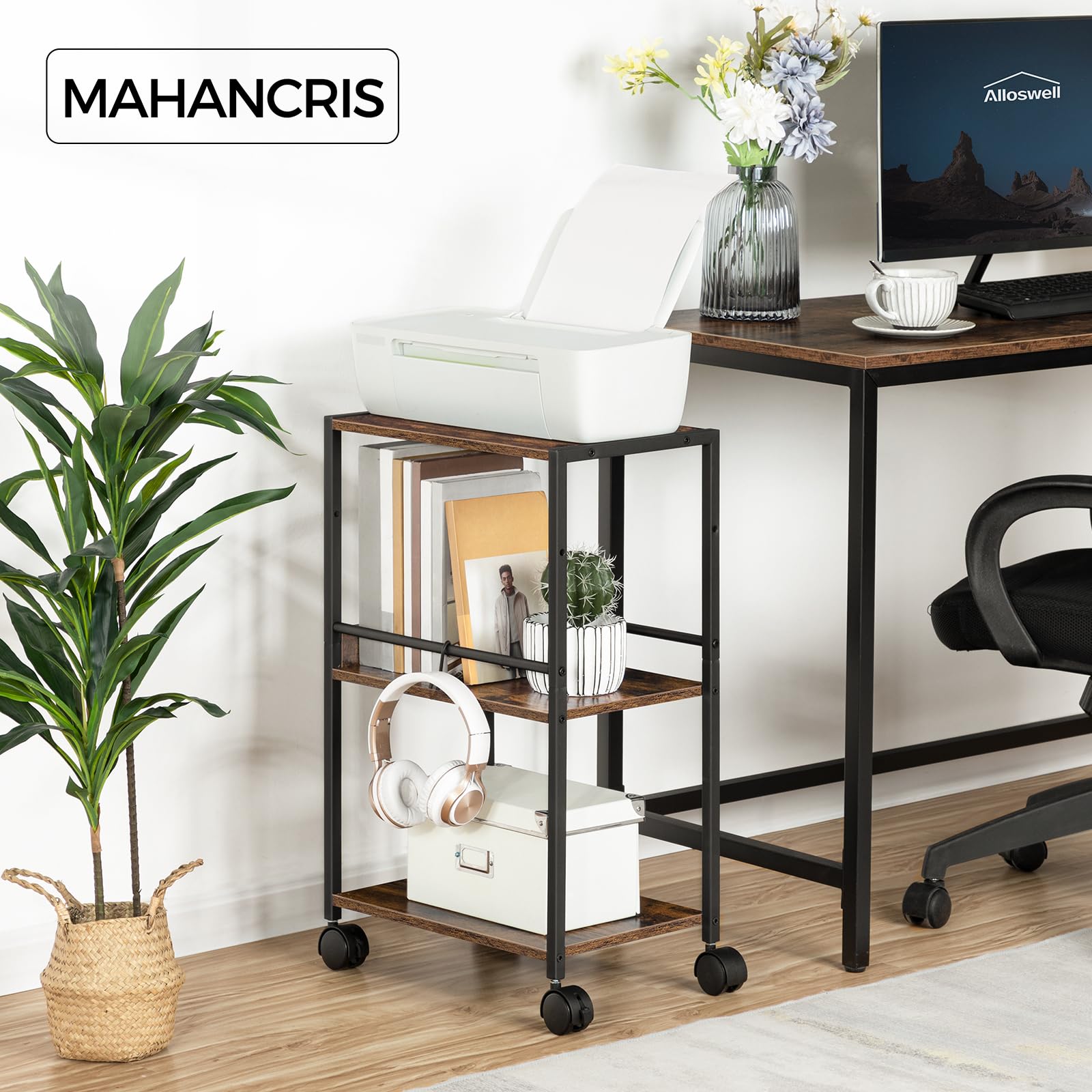 MAHANCRIS Printer Stand with Adjustable Storage Shelf, 3-Tier Computer Tower Stand with 2 Hooks, Rolling Printer Cart for Home Office Small Spaces, CPU Stand with Wheels, Rustic Brown PTHR6001Z