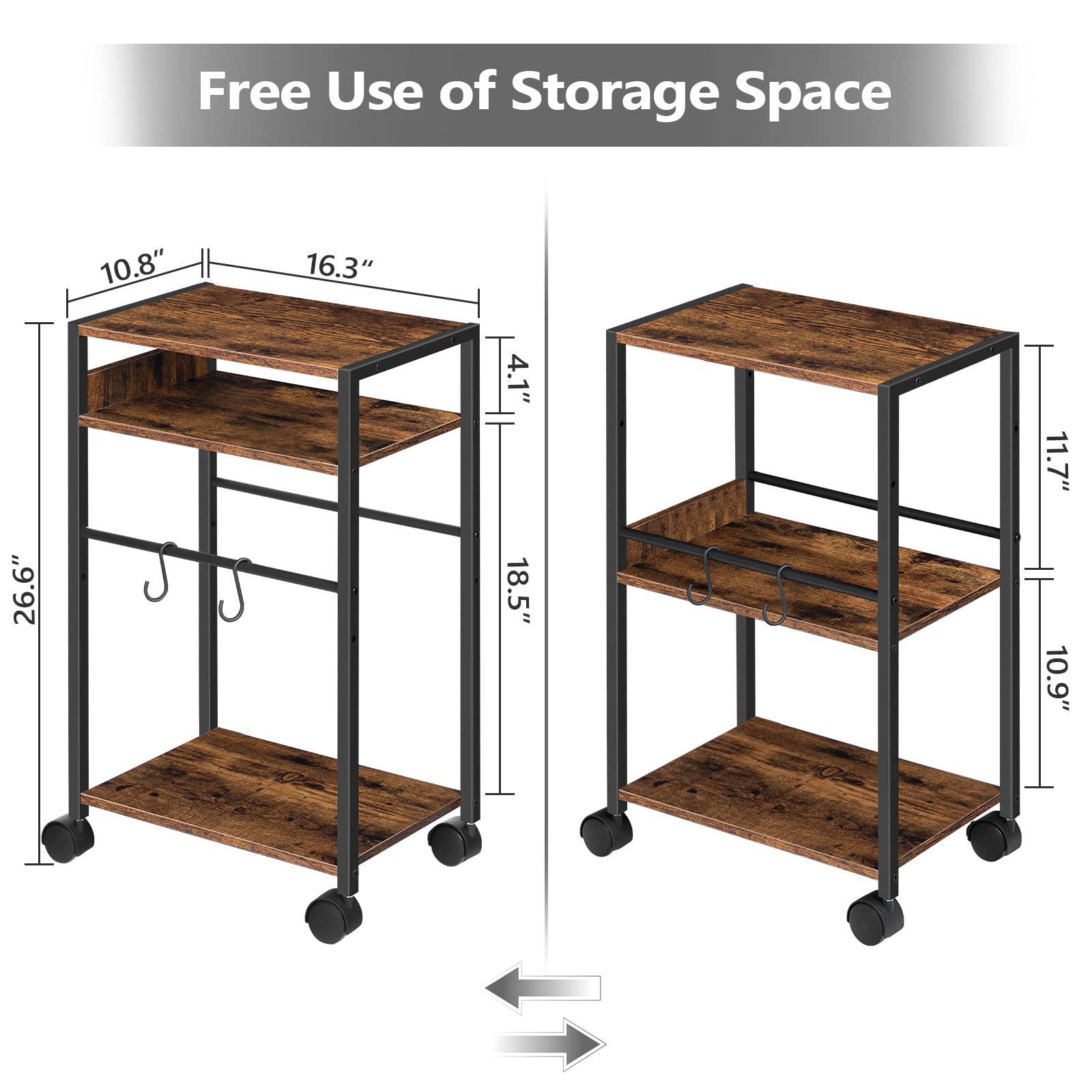 MAHANCRIS Printer Stand with Adjustable Storage Shelf, 3-Tier Computer Tower Stand with 2 Hooks, Rolling Printer Cart for Home Office Small Spaces, CPU Stand with Wheels, Rustic Brown PTHR6001Z