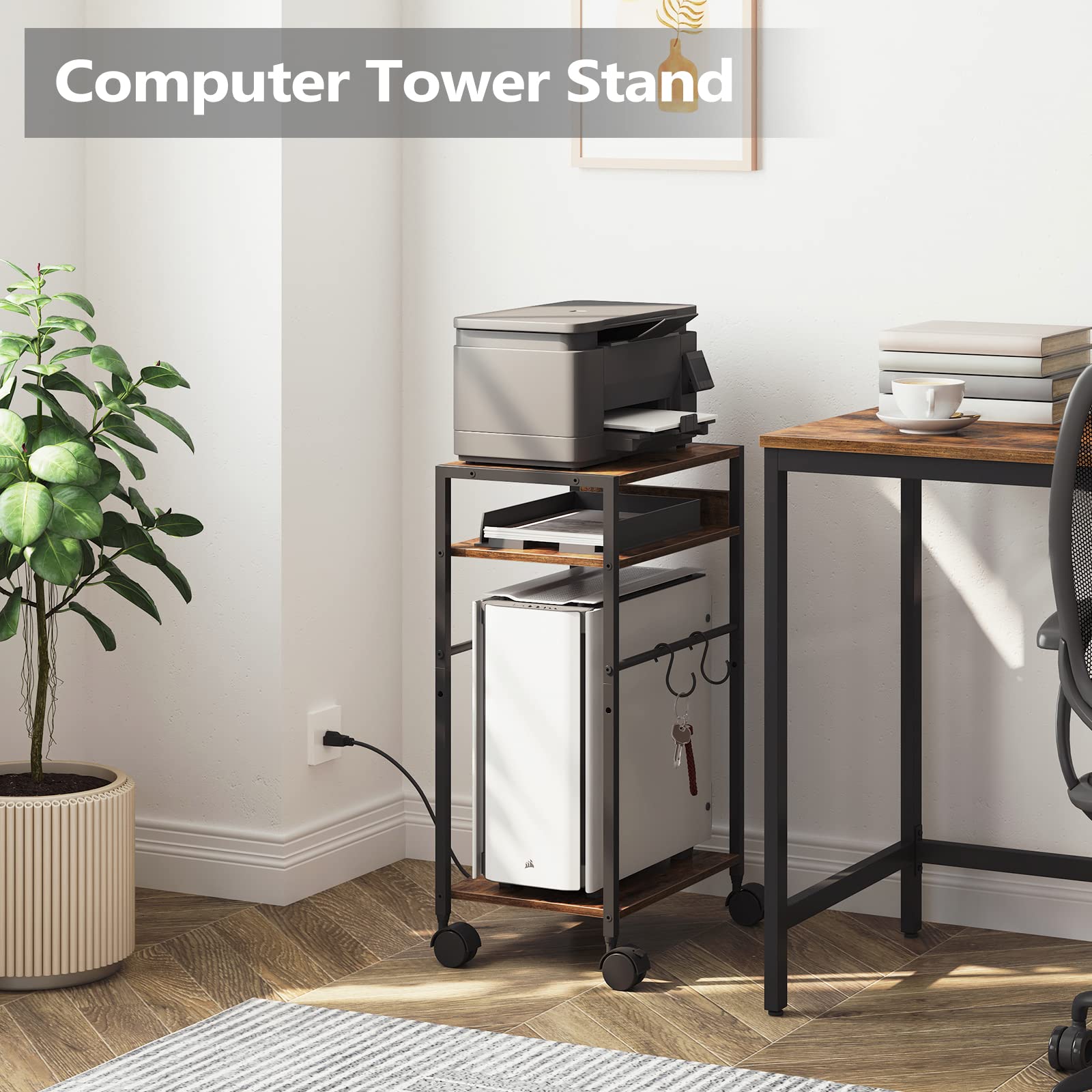 MAHANCRIS Printer Stand with Adjustable Storage Shelf, 3-Tier Computer Tower Stand with 2 Hooks, Rolling Printer Cart for Home Office Small Spaces, CPU Stand with Wheels, Rustic Brown PTHR6001Z