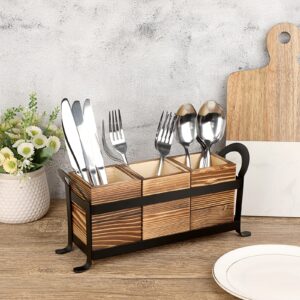 JUXYES Wood Utensil Holder for Party, Vintage Cutlery Holder Holder With Black Metal Rack, Rustic Countertop Flatware Organizer with Handle, Wood Silverware Holder Organizer for Kitchen Table