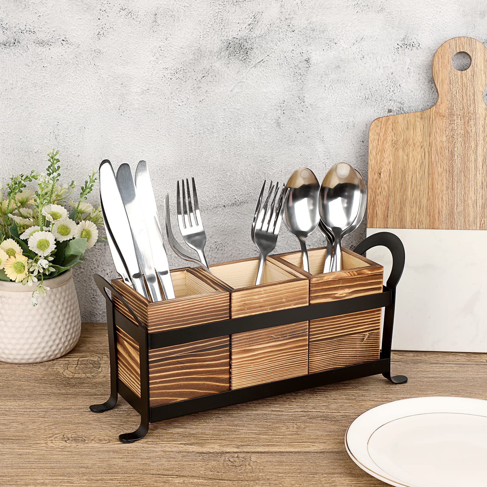 JUXYES Wood Utensil Holder for Party, Vintage Cutlery Holder Holder With Black Metal Rack, Rustic Countertop Flatware Organizer with Handle, Wood Silverware Holder Organizer for Kitchen Table