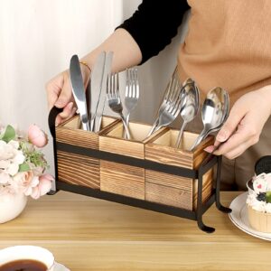 JUXYES Wood Utensil Holder for Party, Vintage Cutlery Holder Holder With Black Metal Rack, Rustic Countertop Flatware Organizer with Handle, Wood Silverware Holder Organizer for Kitchen Table