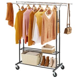 tajsoon heavy duty clothing rack extensible double rods with 2 shelves, rolling clothes rack with wheels, rolling garment racks for hanging clothes load 250lbs, clothes hanging rack black
