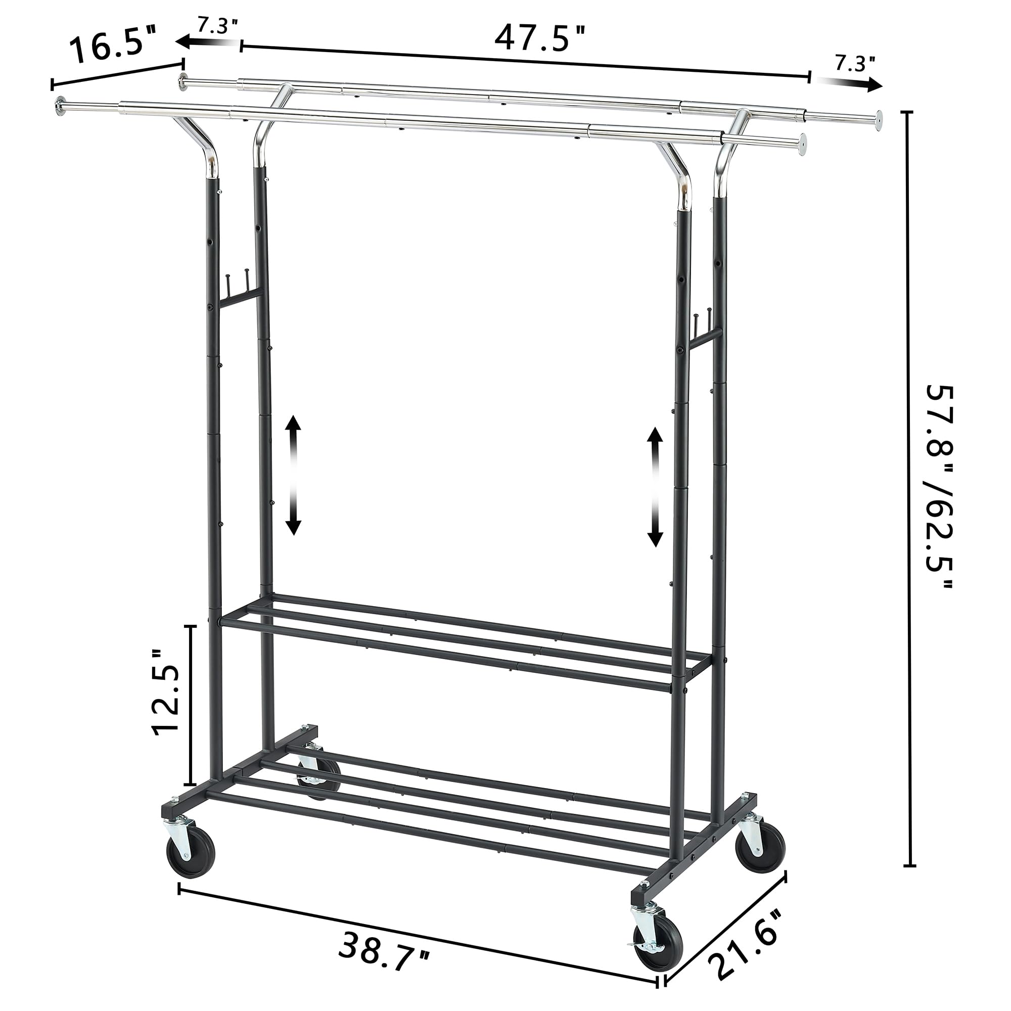 Tajsoon Heavy Duty Clothing Rack Extensible Double Rods with 2 Shelves, Rolling Clothes Rack with Wheels, Rolling Garment Racks for Hanging Clothes Load 250LBS, Clothes Hanging Rack Black