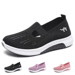 wenoreg women's mesh hollow out slip on walking sneakers,adjustable buckle non-slip soft bottom working lightweight nurse shoes (black,5,5)