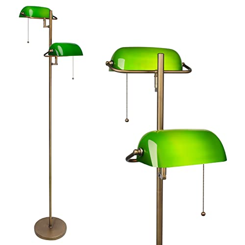 FIRVRE Green Glass Bankers Floor Lamp Classic Vintage Standing Lamp with Pull Chain Switch Adjustable Arm Reading Floor Light for Bedroom Headboard Workplace Office Piano Style Lamp