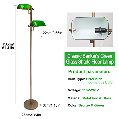 FIRVRE Green Glass Bankers Floor Lamp Classic Vintage Standing Lamp with Pull Chain Switch Adjustable Arm Reading Floor Light for Bedroom Headboard Workplace Office Piano Style Lamp