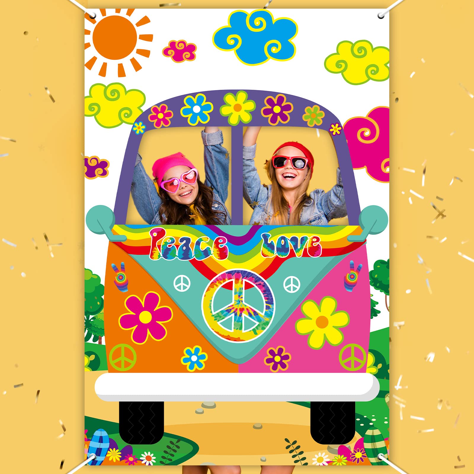 60's Hippie Bus Photo Prop 60s Party Decorations Large Fabric Retro Groovy Van Prop Hippie Selfie Frame Backdrop Background Banner Birthday Party Supplies Retro 60s 70s Party Favors 59 x 39.4 Inch