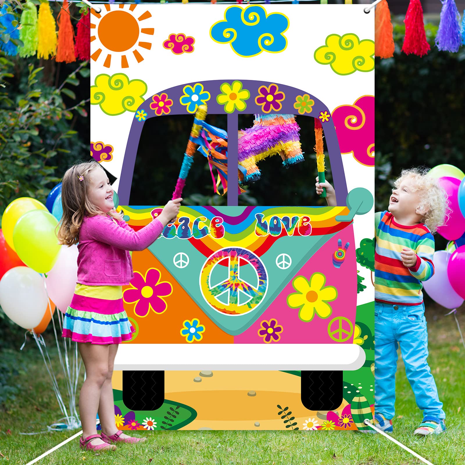 60's Hippie Bus Photo Prop 60s Party Decorations Large Fabric Retro Groovy Van Prop Hippie Selfie Frame Backdrop Background Banner Birthday Party Supplies Retro 60s 70s Party Favors 59 x 39.4 Inch