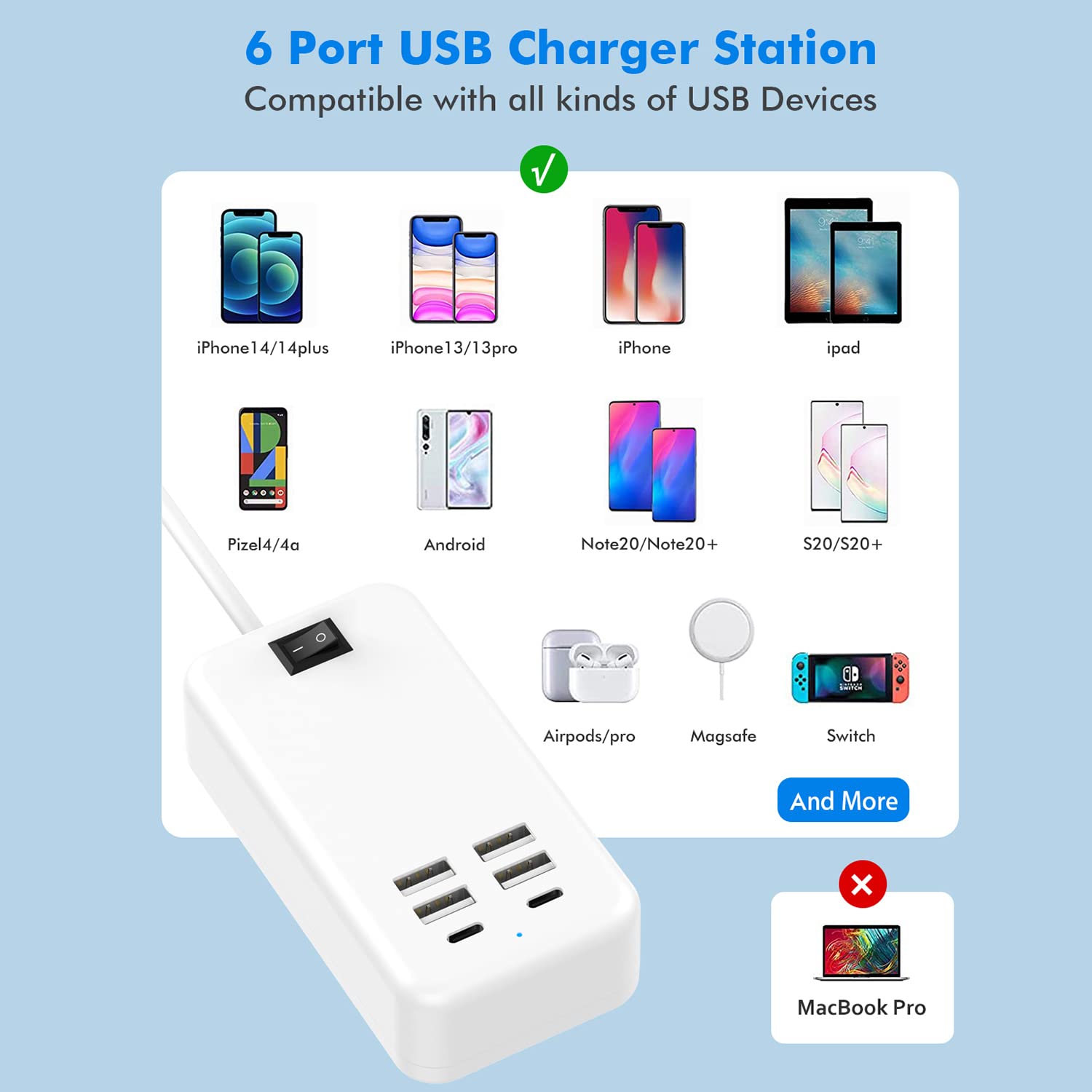 USB C Charger Station, 6 Ports USB Charging Station, Multi USB Charging Station Compatible with iPhone/Samsung/Tablet and Other Multiple Devices, Power Strip with ON/Off Switch