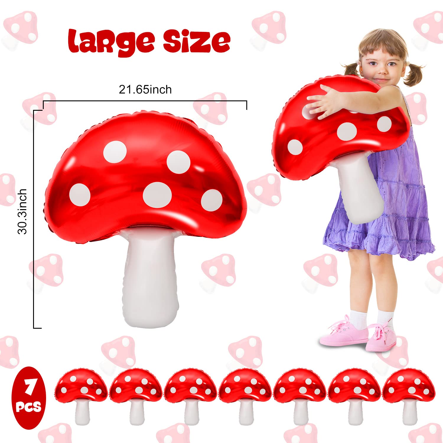 Ospvcwk 7Pcs Cute Mushroom Balloons - 31 x 21 Inch Large Mushroom Aluminum Foil Balloons, Easy to Inflate, Fun Mushroom Birthday Forest Plant Theme Party Decorations Supplies