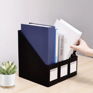 HUAPRINT Black Magazine Holder,Cardboard Magazine File Holder (Pack of 3),Magazine Organizer Box,with Labels