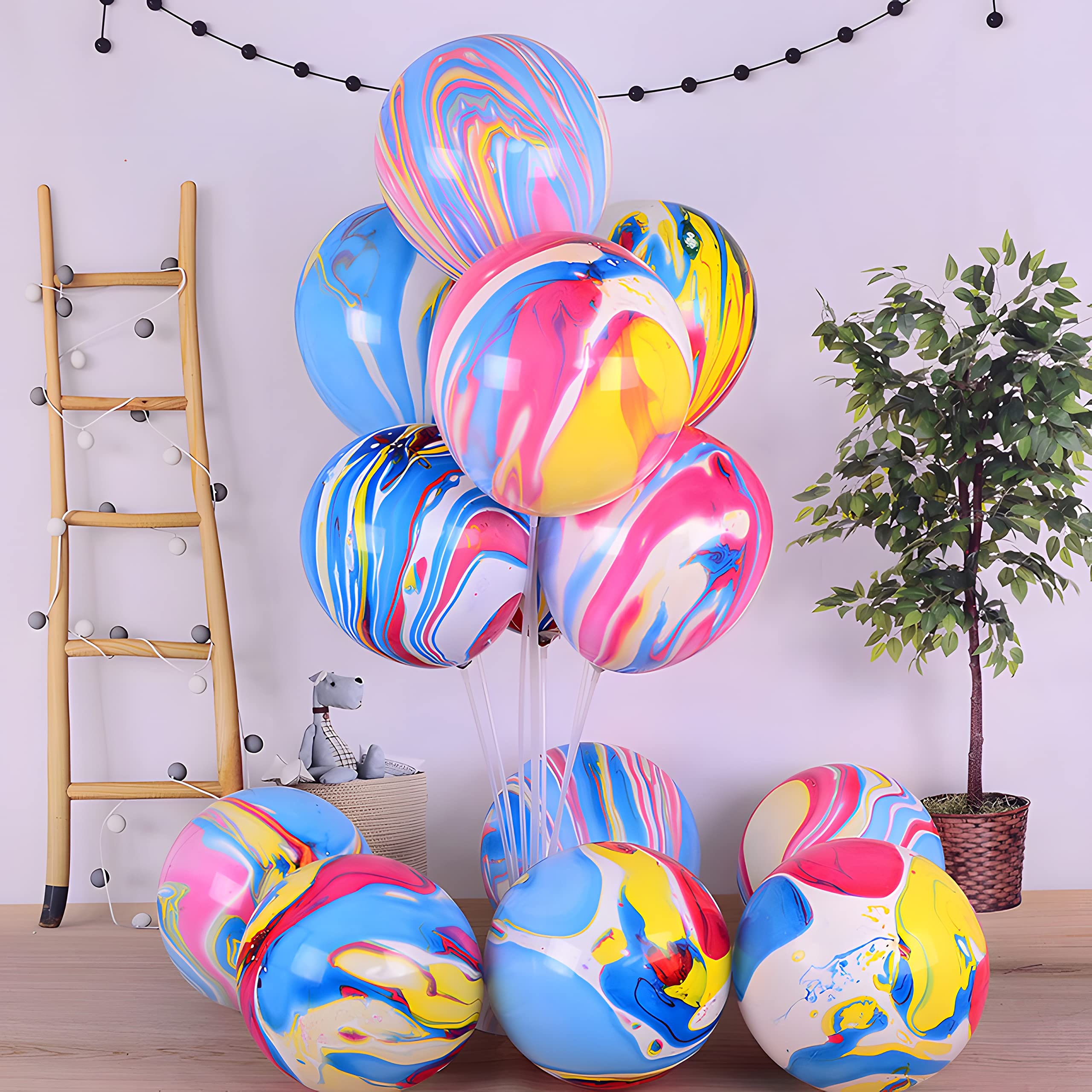 12 Inch Rainbow Tie Dye Balloons 30PCS Agate Marble Latex Swirl Balloons For Tie Dye Birthday Party Supplies,Candyland,Bachelorette,Fun Hippie Party Decorations