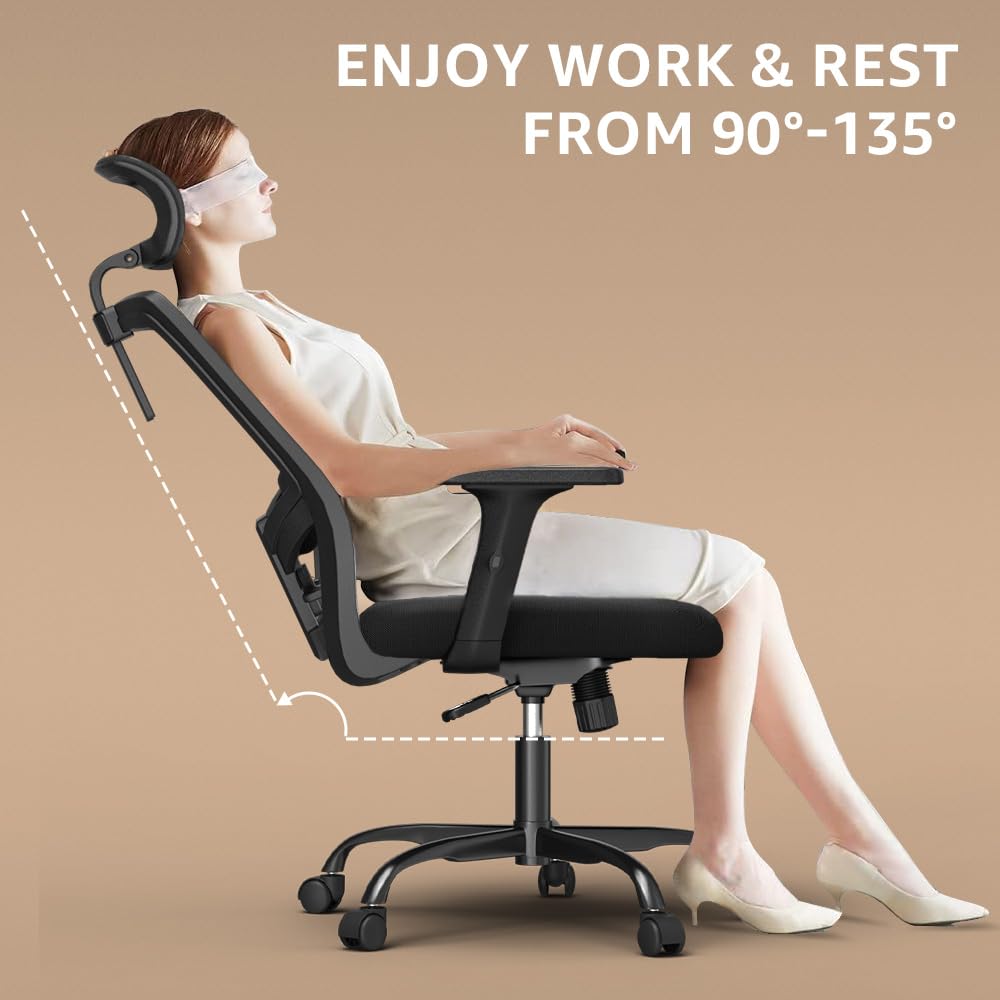 Ergonomic Office Chair, Large Tall Office Chair High Back, Adjustable Headrest with 2D Armrest, Lumbar Support, Swivel Computer Task Chair for Office, Tilt Function