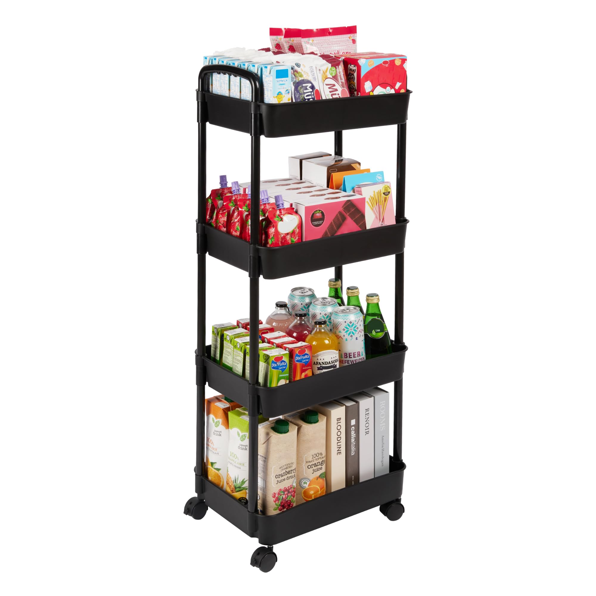 Vtopmart 4 Tier Rolling Cart with Wheels, Detachable Utility Storage Cart with Handle and Lockable Casters, Storage Basket Organizer Shelves, Easy Assemble for Bathroom, Kitchen, Black