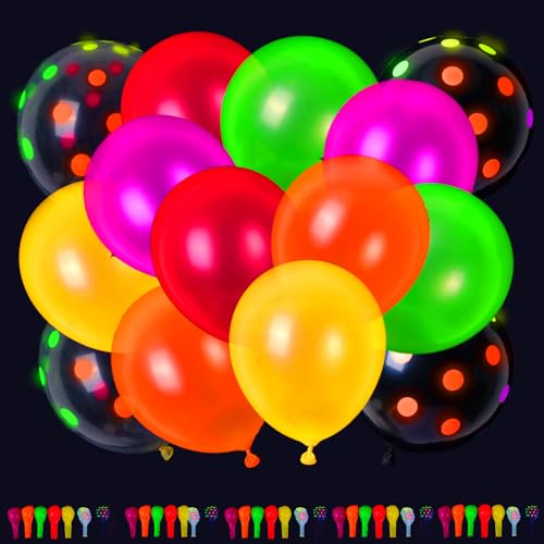 RUBFAC 120 Pieces Neon Balloons, 12” Glow in The Dark Balloons UV Polka Dot Glow Balloons, Blacklight Luminous Helium Latex Balloon for Birthday, Wedding, Neon Party, Glow Party Decorations Supplies