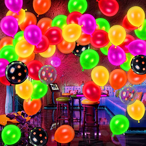 RUBFAC 120 Pieces Neon Balloons, 12” Glow in The Dark Balloons UV Polka Dot Glow Balloons, Blacklight Luminous Helium Latex Balloon for Birthday, Wedding, Neon Party, Glow Party Decorations Supplies