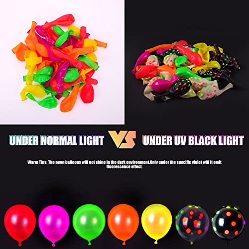 RUBFAC 120 Pieces Neon Balloons, 12” Glow in The Dark Balloons UV Polka Dot Glow Balloons, Blacklight Luminous Helium Latex Balloon for Birthday, Wedding, Neon Party, Glow Party Decorations Supplies