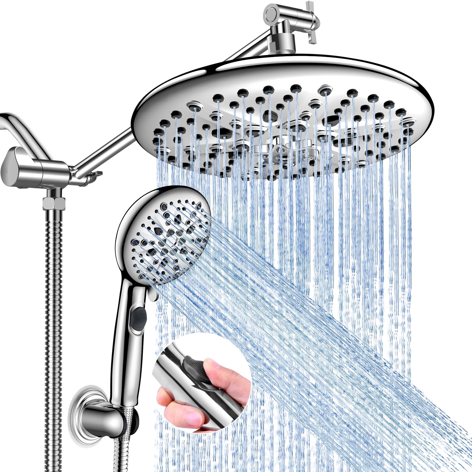 FEELSO 10" High Pressure Shower Head Combo with Handheld Spray, 16 Settings, 11" Adjustable Arm, ON/OFF Pause Switch