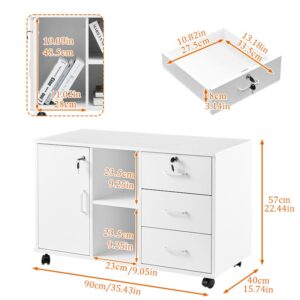 tukailai mobile file cabinet with 3 drawers and 1 door, lateral stationery letter a4 size file organization unit for home office, printer stand with open storage shelf and 4 wheels (white)