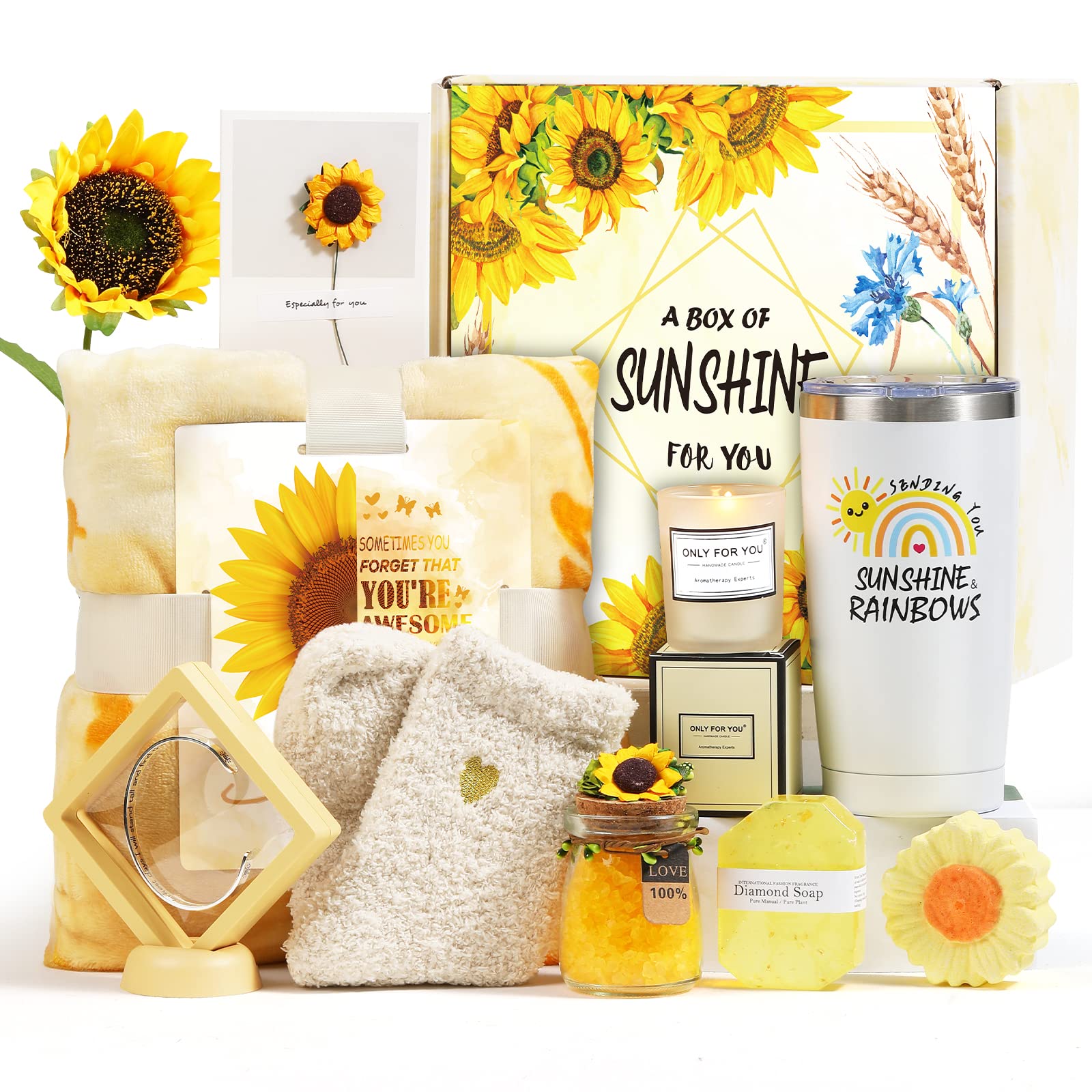 Sending Sunshine Gifts for Women, Mothers Day Gifts for Mom, Care Package for Women, Get Well Soon Gifts Basket, Unique Birthday Gifts Box with Inspirational Blanket Candle for Women, Her, Mom, Wife