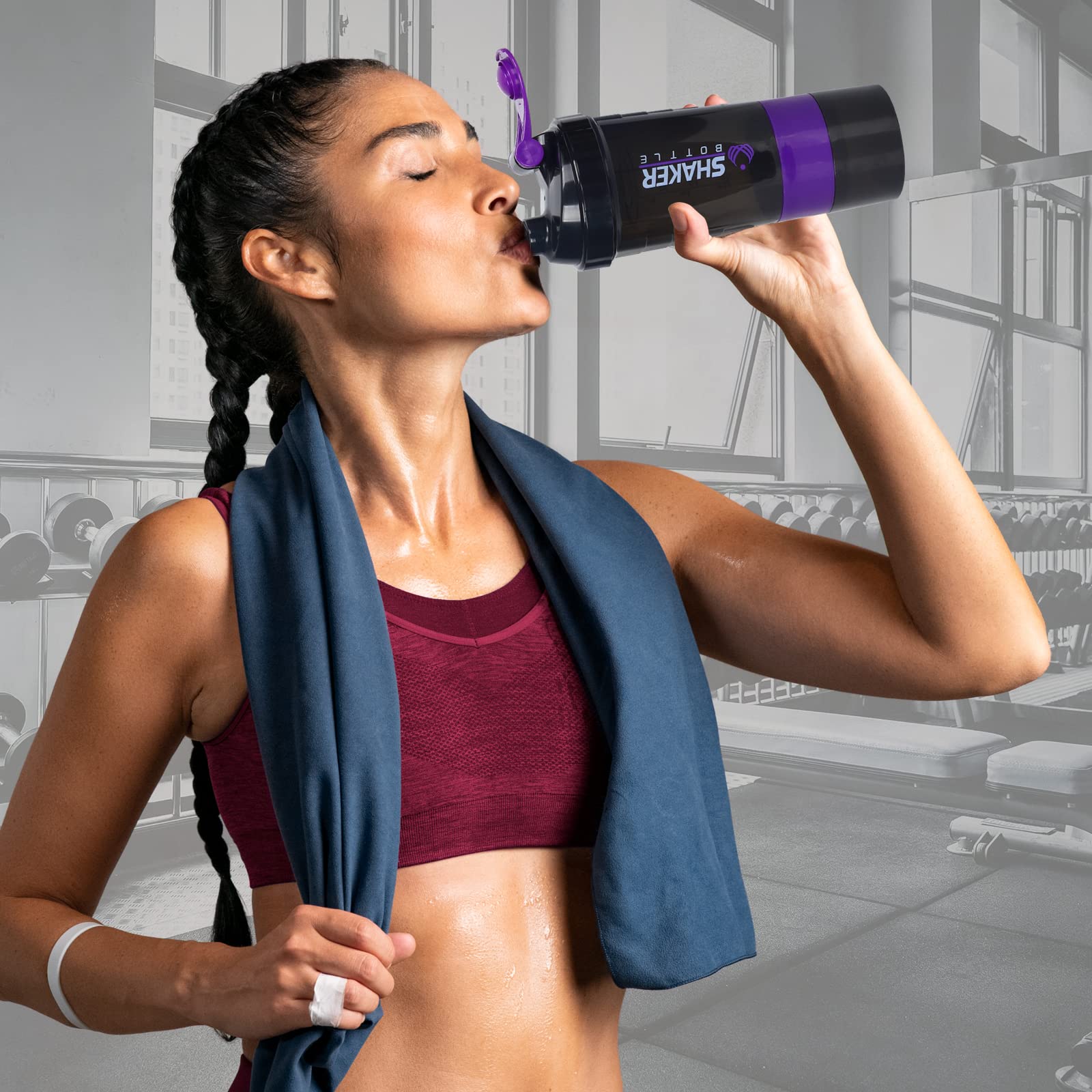 XTK Shaker Bottle Protein Shaker Bottles with Storage and Mix Ball, 16OZ Sports Water Bottle with Pill Organizer,Leak Proof Portable Shaker Bottles for Protein Mixes and Pre Work Out,BPA Free(purple)