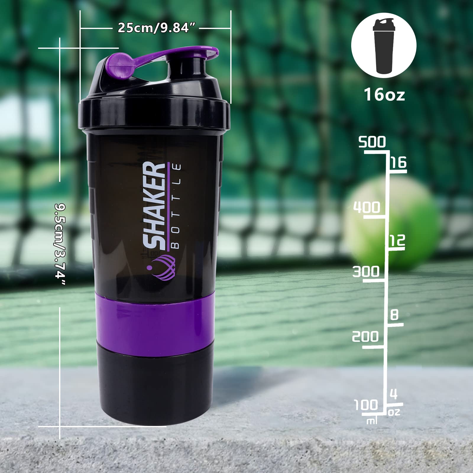 XTK Shaker Bottle Protein Shaker Bottles with Storage and Mix Ball, 16OZ Sports Water Bottle with Pill Organizer,Leak Proof Portable Shaker Bottles for Protein Mixes and Pre Work Out,BPA Free(purple)
