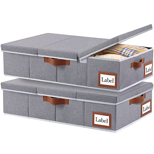 Yawinhe Under Bed Storage With Lids, Foldable Underbed Storage Box with Handles, Under Bed Storage Organizer Bins for Clothes, Blankets, Pillows, 31.5''Lx15.7''Wx6''H, 2-pack, Grey