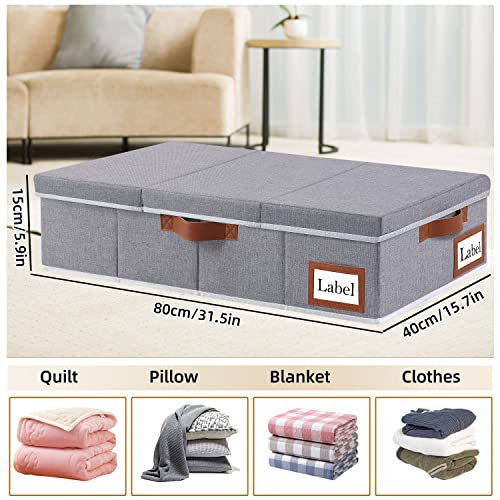 Yawinhe Under Bed Storage With Lids, Foldable Underbed Storage Box with Handles, Under Bed Storage Organizer Bins for Clothes, Blankets, Pillows, 31.5''Lx15.7''Wx6''H, 2-pack, Grey