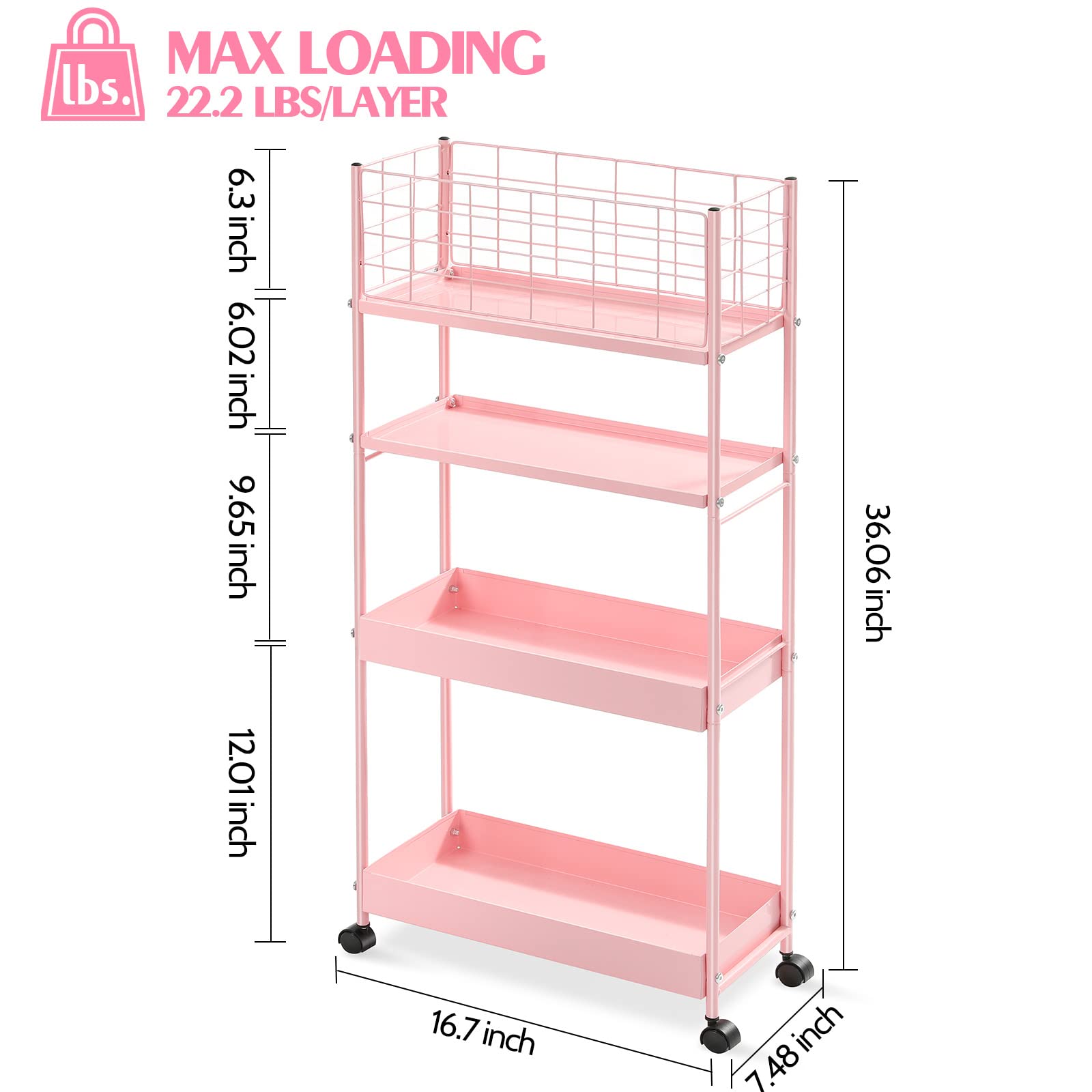 KINGRACK Slim Storage Cart,4-Tier Metal Utility Rolling Cart with Wheels,Slide Out Storage Cart, Skinny Storage Rolling Cart,Storage Trolley Cart for Office Bedroom Bathroom Narrow Place,Pink