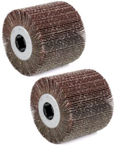 qwork flap sanding wheel, 2 pack wire drawing polishing wheel, aluminum oxide drum burnishing brush, 4.5" x 4" with 3/4"-4 keyway (60 grit), remove rust/weld burr/grinding