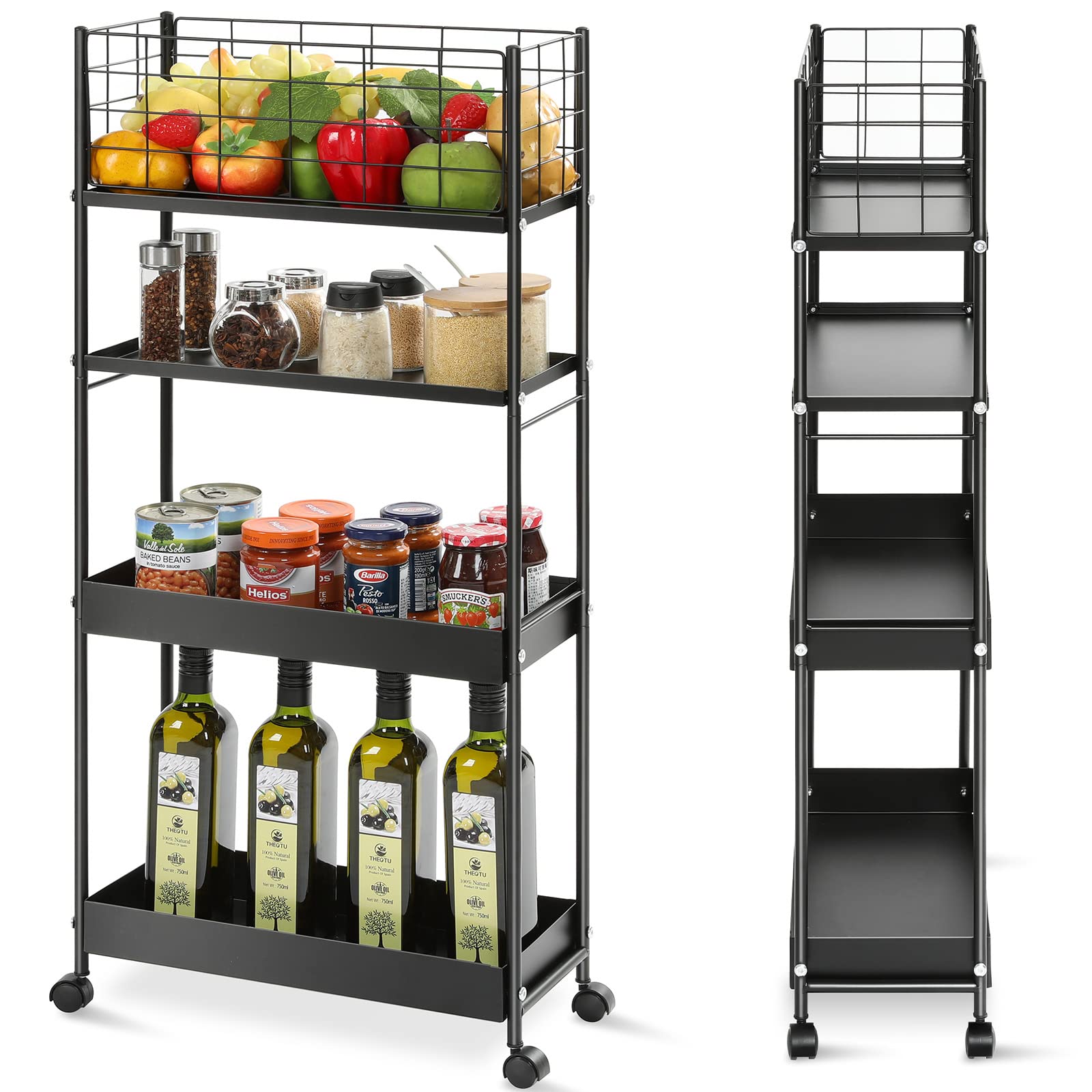 KINGRACK Slim Storage Cart,4-Tier Metal Utility Rolling Cart with Wheels,Slide Out Storage Cart, Skinny Storage Rolling Cart,Storage Trolley Cart for Office Kitchen Bathroom Narrow Place,Black