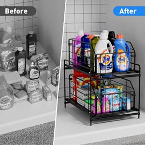 Lxmons Pull Out Under Sink Organizer, 2 Tier Slide Out Cabinet Drawer Organizer, Metal Basket Home Shelf for Bathroom or Kitchen, Sliding Countertop or Pantry Organization Storage, Large Black