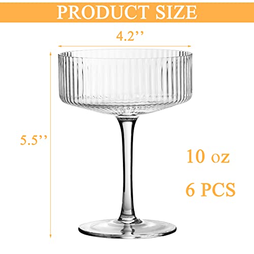 VIFVOR 6 Pcs Ribbed Coupe Cocktail Glasses, 10 oz Classic Old Styling Martini Glass Set with Gift Box Packaging Elegant Hand Blown Manhattan Goblet for Cocktail, Champagne, Bar and Gift