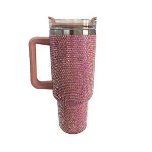 myhobby shiny rhinestone 40 oz tumbler with handle,stainless steel insulated travel coffee mug double wall leak resistant vacuum tumbler with straw,pink