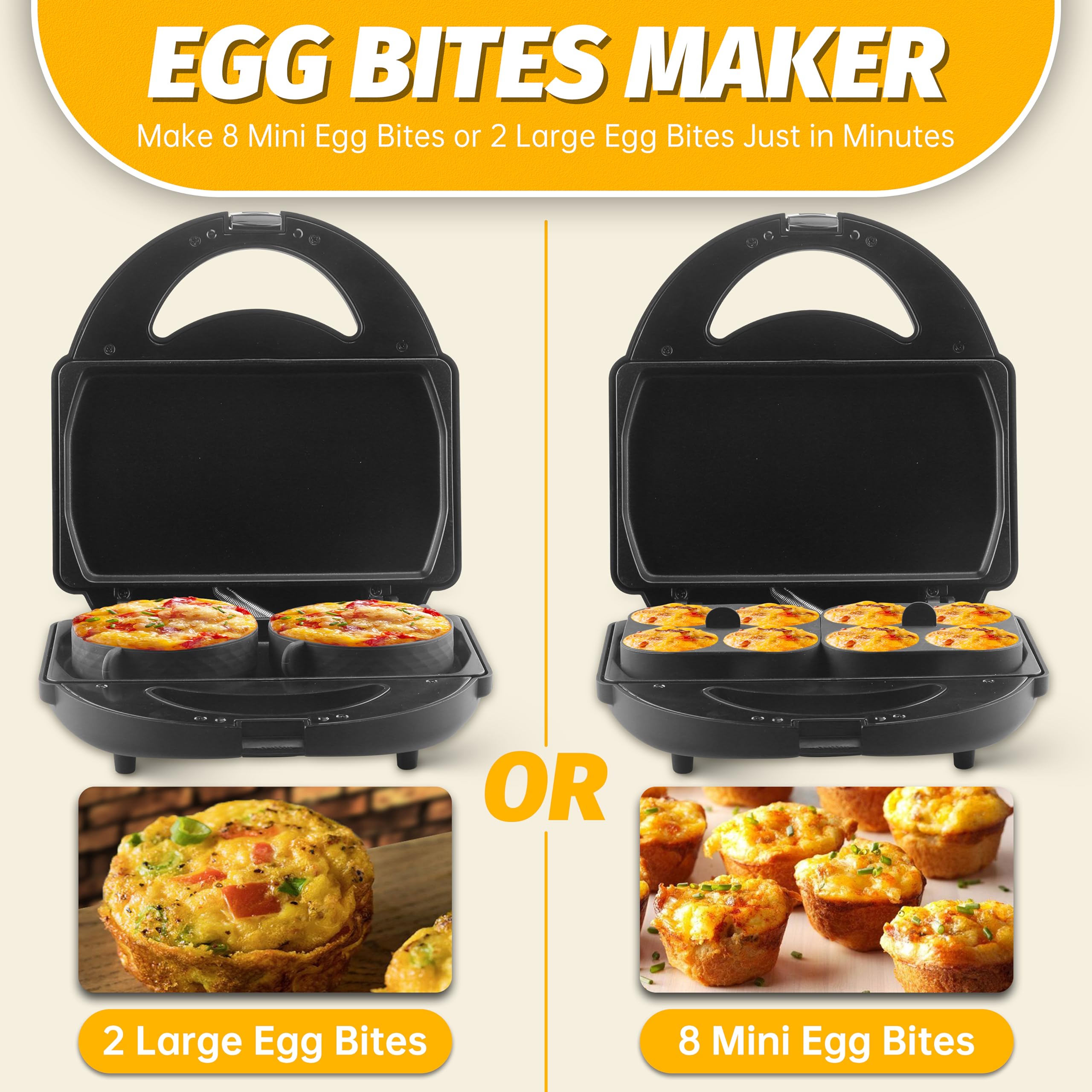 FineMade Sous Vide Style Egg Bite Maker Machine with 4 Silicone Molds, Grilled Cheese Maker, Mini Griddle, Ideal for Breakfast Sandwiches, Snacks, Desserts, 8 Mini Egg Bites & 2 Large Egg Bites