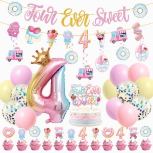 juyrle four ever sweet birthday decorations girl, 4th birthday decorations include ice cream donut banner cake toppers hanging swirls latex foil balloons, 4 year old birthday decorations