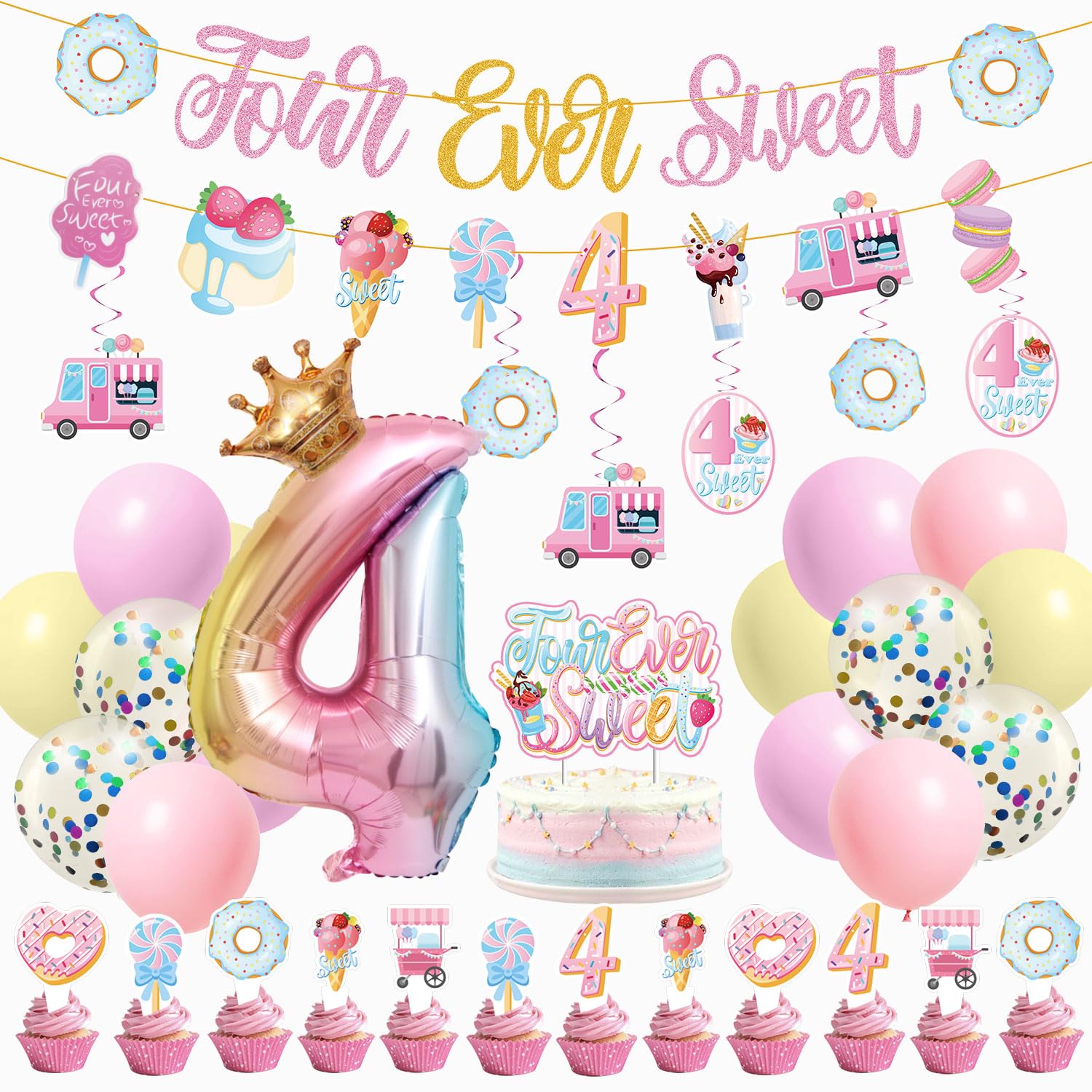 JUYRLE Four Ever Sweet Birthday Decorations Girl, 4th Birthday Decorations Include Ice Cream Donut Banner Cake Toppers Hanging Swirls Latex Foil Balloons, 4 Year Old Birthday Decorations