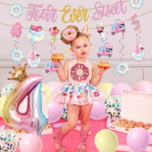 JUYRLE Four Ever Sweet Birthday Decorations Girl, 4th Birthday Decorations Include Ice Cream Donut Banner Cake Toppers Hanging Swirls Latex Foil Balloons, 4 Year Old Birthday Decorations